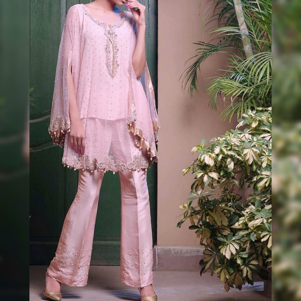Pink Pakistani Indian Party Dress Cape Style Suit